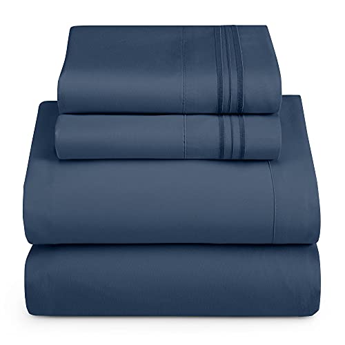 Hearth & Harbor RV Short Queen Size Sheets - 4 Piece Bed Sheet Set, Hotel Luxury Double Brushed Bed Sheets - Extra Soft Bedding Sheets & Pillowcases, Short Queen, Navy Blue