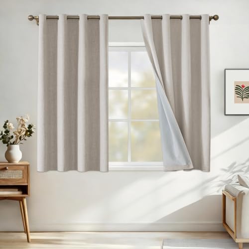 CYCMACO Faux Linen 100% Blackout Curtains for Bedroom, Room Darkening Curtains 45 Inch Length, Thick White Lined Short Curtain, Anti Rust Grommets Drapes, Thermal Curtains (2 Panels, Oatmeal)