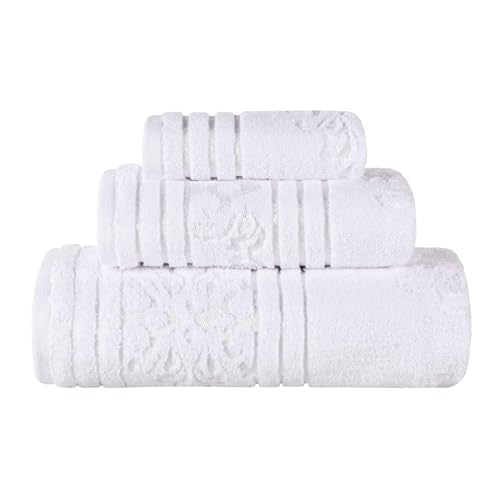 Superior Cotton 3 Piece Towel Set, Includes 1 Bath, 1 Hand, 1 Washcloth/Face Towel, Quick Dry, Home Essentials, Shower, Spa, Luxury Plush Soft Absorbent Towels, Zero Twist, Jacquard Floral, White