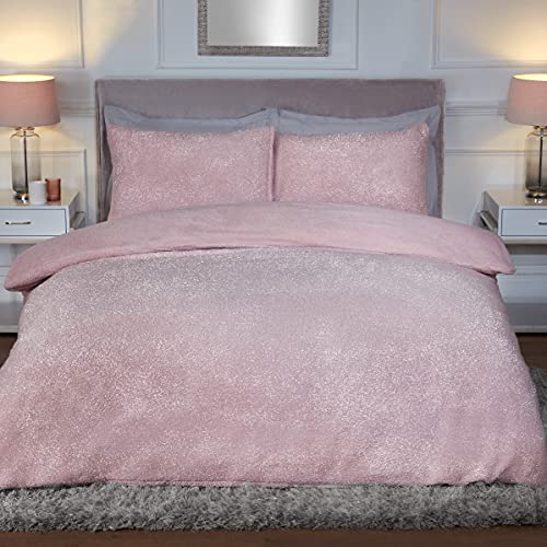 Sleepdown Sparkle Teddy Fleece Thermal Warm Cosy Super Soft Duvet Cover Quilt Bedding Set with Pillow Case - Single (135cm x 200cm) - Blush Pink
