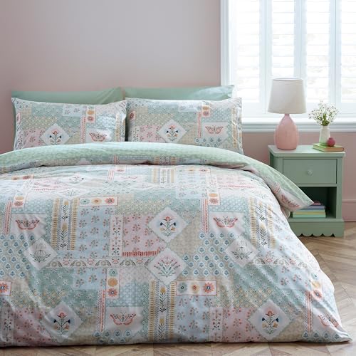Catherine Lansfield Folk Patchwork Reversible Double Duvet Cover Set with Pillowcases Green