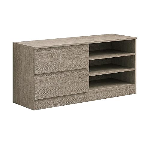 FWStyle Stora Rustic Oak Effect TV Unit with 2 Drawers and 3 Open Shelves, Modern Scandinavian Media Stand with Handle-Free Design and Cable Management, 120cm Wide