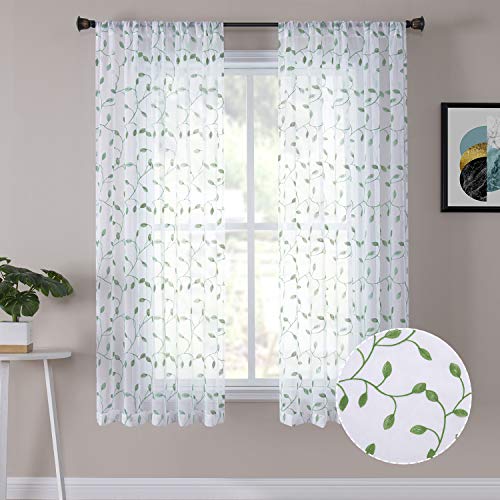 Tollpiz Leaves Short Sheer Curtain Green Leaf Embroidery Living Room Curtains Rod Pocket Voile Faux Linen Embroidered Leaves Curtain for Bedroom, 38 x 45 inches Long, Set of 2 Panels