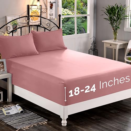 Elegant Comfort 1500 Premium Quality Fitted Sheet Ultra Soft 18-24 Inch Extra Deep Pocket - Single Fitted Sheet for High Mattress - Wrinkle Free with Smart Storage Pockets, King, Dusty Rose