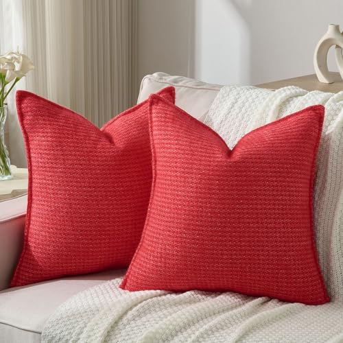 FUTEI Red Decorative Throw Pillow Covers 16x16 Inch Set of 2,Soft Houndstooth Textured Cushion Case,Modern Home Decor for Couch Bed Living Room