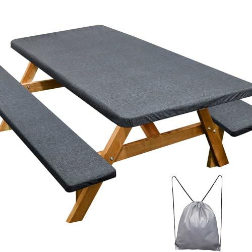 Picnic Table Cover with Bench Covers Camping Essentials Waterproof Windproof Camping Tablecloth with Drawstring Bag, Fitted Rectangle Tables and Seats, 72in, Heather Grey