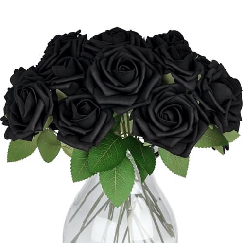 JOHOUSE 30PCS Black Roses,Black Flowers Faux Roses Single Stem Fake Flowers for DIY Wedding Bouquets Halloween Party Favor Home Decor, 3 Size with 2 Leaves