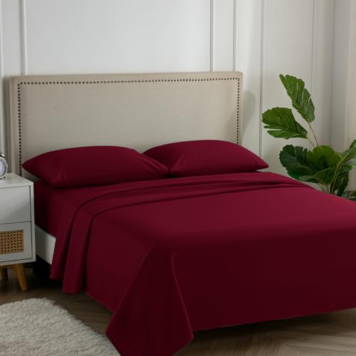 Carressa Linen 600 Thread Count Long Staple Soft Egyptian Cotton Bed Sheets Set, 4 Piece Set, Full Sheets, Upto 17 in Deep Pocket, Smooth & Soft Sateen Weave, Deep Pocket, Luxury Bedding, Burgundy