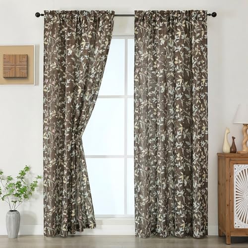 Chyhomenyc Linen Blend Window Curtains 63 Inch Length 2 Panels, Light Filtering Floral Printed Curtain Drapes for Living Room, Rod Pocket Soft Bedroom Curtain Panels, 38Wx63L Inch, Chocolate