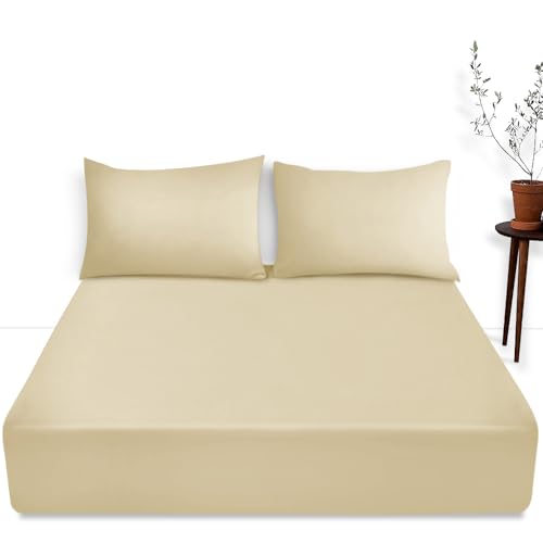 Easy Care Plain Dyed Fitted Bed Sheet - 16” / 40 cm Deep Pocket Bedsheet With Elastic Corners - Breathable & Comfy Bedding Sheet Cream, Single