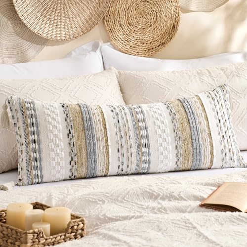 Kevin Textile 14x36 Inch Long Lumbar Pillow Cover 1 Pack Boho Decorative Rectangle Cushion Case Throw Soft Chenille Thread Woven Tufted Textured Farmhouse Accent for Living Room Couch Sofa Bed, Beige