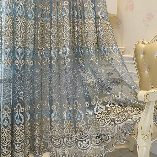 Amidoudou 1 Pair European Jacquard Sheer Curtains Embroidered Tulle Curtains Living Room Bedroom Luxury Translucent Curtains (Blue Grey,51x90 Inch)