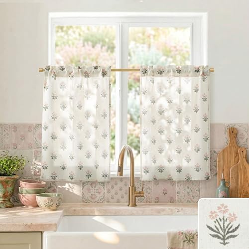 Rod Pocket Boho Floral Linen Small Window Curtain for Kitchen Bathroom,Cafe Curtain 24 Inch Length,Pink Green