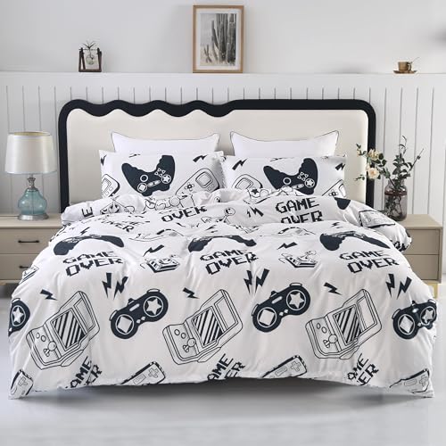 SDIII 3PCS White Gamer Twin Duvet Cover Set, Bed in a Bag Gaming Bedding Twin with Corner Ties and Zipper Closure, Wrinkle and Fade Resistant, Cute Duvet Cover for Boys, Girls and Teens, Twin