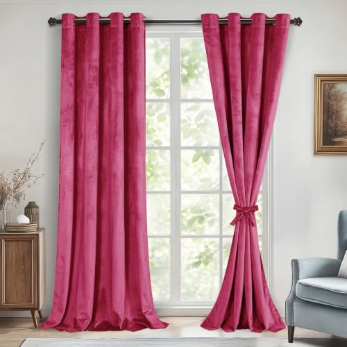 DWCN Velvet Curtains - 84 Inches Long Super Soft Luxury Tieable Room Darkening Privacy Protect Blackout Drapes for Bedroom Living Room Home Decor, W52 x L84, Berry, 2 Panels