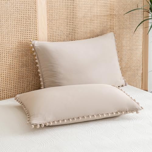 Taupe Pom Poms Pillowcases, Khaki Standard Pillow Cases Set of 2, 100% Washed Microfiber, Taupe Ball Fringe Pillow Cover, 2 Pack
