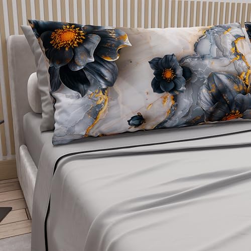 PETTI Artigiani Italiani - Cotton Sheets with Pillowcases in Digital Print, Double Maxi, Complete Top and Bottom Sheet with Corners, Floral 06 18 Light Grey, 100% Made in Italy
