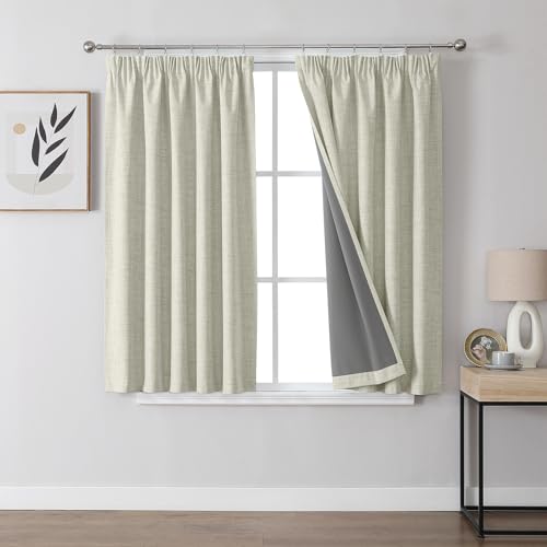 Joydeco 100% Blackout Curtains, Linen Curtains with Ruffle Tape, Set of 2, H 137 x W 117 cm, Light Beige, Thermal Curtain, Cold Protection, Opaque, Sound Protection, Ideal for Living Room, Matches