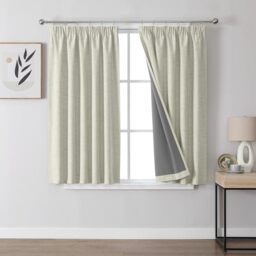 Joydeco 100% Blackout Curtains, Linen Curtains with Ruffle Tape, Set of 2, H 137 x W 117 cm, Light Beige, Thermal Curtain, Cold Protection, Opaque, Sound Protection, Ideal for Living Room, Matches