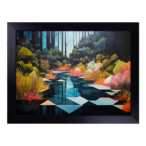 Lap Tray with Bean Bag Cushion, Pond Geometric - Handmade in the UK, Raised Wooden Edge, Padded Cushion, Heat-Resistant Wipe-Clean Surface, for Meals, Laptops and Crafts