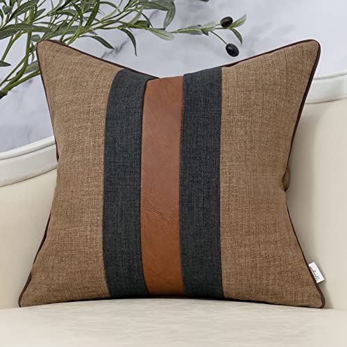 Yangest Coffee Brown Patchwork Linen Throw Pillow Cover Farmhouse Burlap Cushion Case Faux Leather Pillowcase for Sofa Couch Bedroom Living Room Home Decor,20x20 Inch