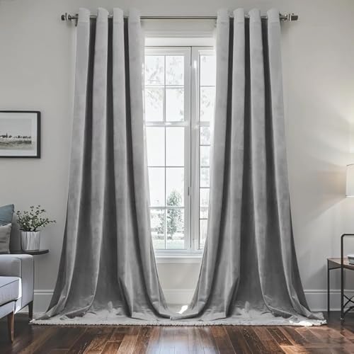 SMILETIME Grey 63 in Long Velvet Curtains with Grommet, Super Soft Privacy Noise Reducing Light-Filtering Velvet Drapes for Living Room Bedroom, 2 Panels, 52 x 63 inches