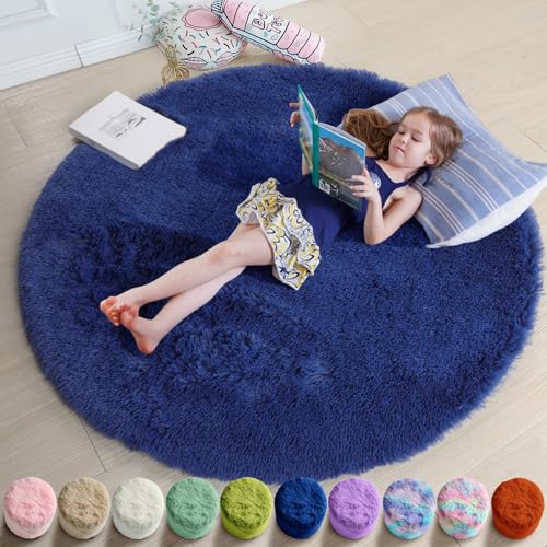 Navy Blue Fluffy Circle Rug, 5'X5' for Kids, Teens & Nursery, Plush Shaggy Carpet for Dorm & Baby Room Decor