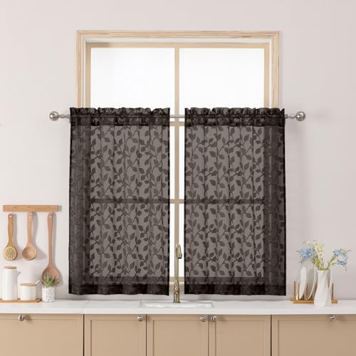 "Chyhomenyc Chocolate Sheer Curtains 36 Inch Length, Light Filtering Leaf Tufted Textured Small Window Kitchen Curtain Over Sink, Short Half Window Curtains for Bathroom Basement, 30"" Wx36 L, 2 Panels"
