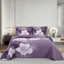 "DJY 3 Pieces Quilt Set King Dark Purple Floral Pattern Quilt Coverlet Set Elegant Boho Bedspread with 2 Pillow Cases Soft Microfiber Botanical Bedding Quilt Set for Teens Adults 90""x 104"""