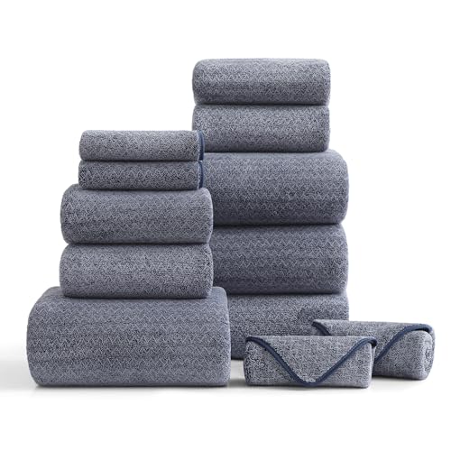 Ultra Soft Bath Towel Set,12 Piece (4 Bath Towels,4 Hand Towels,4 Washcloths) Family Bathroom Towel Set with Hanging Loops,Quick Dry Extra Absorbent Fluffy Shower Towel for Bathroom,Hotel,Spa-Navy