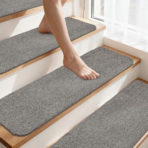 COSY HOMEER Stair Treads Non-Slip Carpet Mat 28inX9in Indoor Stair Runners for Wooden Steps, Stair Rugs for Kids and Dogs, 100% Polyester TPE Backing 15pcs,Grey,Protect Floor