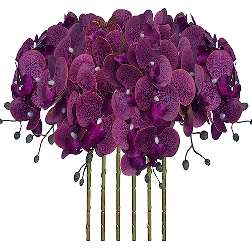 FagusHome 32 Inch Artificial Phalaenopsis Flowers 6 Pcs Artificial Orchid Flowers Stem Plants for Home D??cor (Purple Piebald)