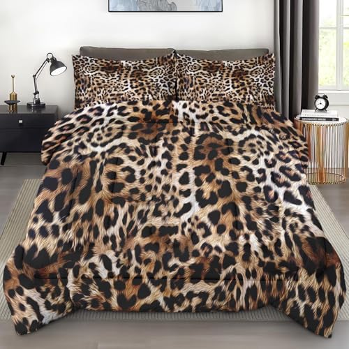 Pamnest Comforter Set Queen Size, Leopard Cheetah Animal Retro Bedding Set for Kids and Adults, African Cat Comforter Set with 2 Pillowcases, for Bedroom Bed Decor