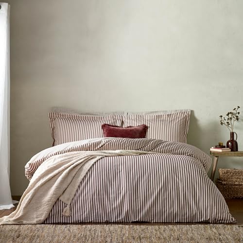 furn. Yard Hebden Mélange Stripe Cotton Duvet Cover Set - Ultra Soft Reversible Striped Bed Linen (Beetroot - Single Bed - 137 x 200 cm)