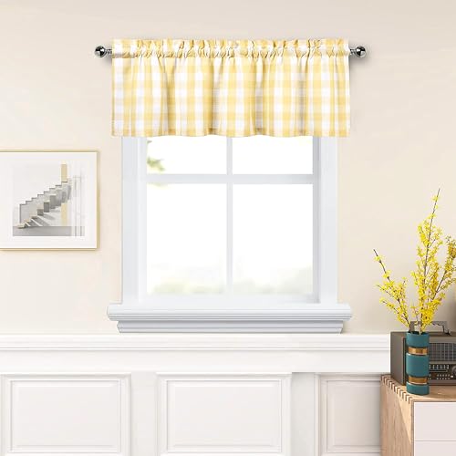"Amzdecor Yellow White Buffalo Plaid Valance Semi Sheer Cafe Curtain 55""x15"" - Buffalo Check Plaid Rod Pocket Rustic Farmhouse Kitchen Window Treatment for Living Room Bedroom,1 Panel,Yellow and White"