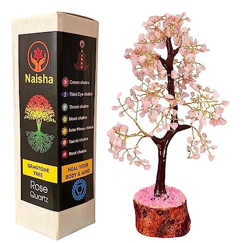 NAISHA Rose Quartz Tree of Life - Chakra Tree for Positive Energy, Feng Shui Figurine, Handmade Gemstone, Good Luck Pink Money Tree Bonsai, Meditation Stones, Spiritual Prosperity