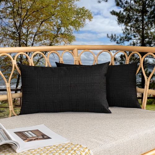 Kevin Textile Pack of 2 Decorative Outdoor Waterproof Throw Pillow Covers Checkered Lumbar Pillowcases Classic Cushion Cases for Patio Couch Bench 12 x 20 Inch Black