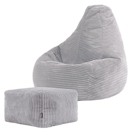 icon Dalton Kids Bean Bag and Footstool, Grey, Cord Kids Bean Bag Chair with Filling Included for Girls and Boys, Childrens Chair, Beanbags for Children, Playroom Décor, Bedroom Accessories