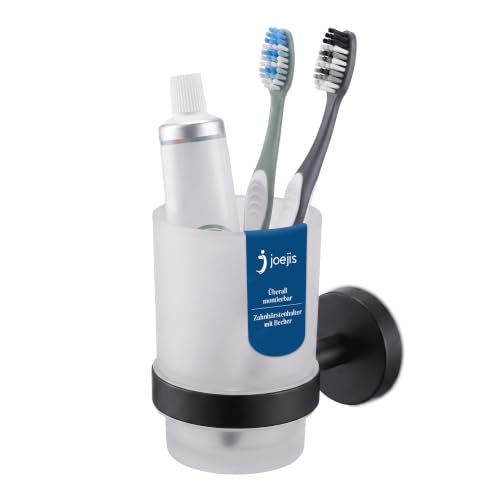 Toothbrush Holder Wall Mounted Black - Joeji's Kitchen Glass Cup Set - Bathroom Cup Holder Wall, Toothbrush Storage Wall, Bathroom Accessories Set, Glass Bathroom Organiser, Matte Bathroom Set