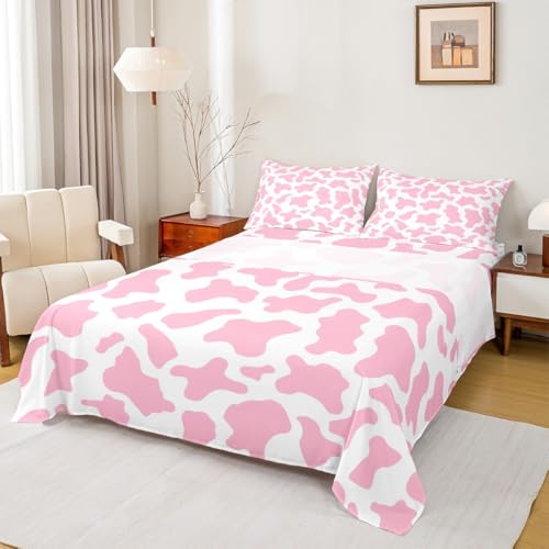 Erosebridal Kid Cartoon Sheet Set Pink Cow Print Bed Sheets Full,Milk Cow Animal Cowhide Fitted Sheet Western Animals Flat Sheet for Toddler Teen Boys Girls Farmhouse Bull Cattle Kawaii Room Decor