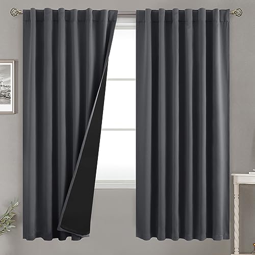BGment 100% Room Darkening Thermal Insulated Blackout Curtains 72 Inches Long for Bedroom, Rod Pocket and Back Tab Double Layer Noise Cancelling Curtain with Liner (52 x 72 Inch, 2 Panels, Dark Grey)