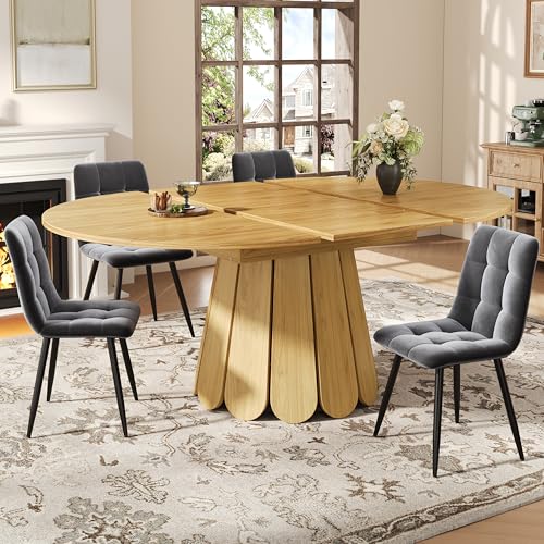 FAVSH Extendable Dining Table with Elegant Table Leg Design,Extendable Table Top Round Dining Table,Extends to Oval,118–158 cm,Seats Up to 6 People,for Small Space,Dining Room,Natural