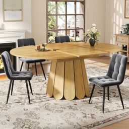 FAVSH Extendable Dining Table with Elegant Table Leg Design,Extendable Table Top Round Dining Table,Extends to Oval,118–158 cm,Seats Up to 6 People,for Small Space,Dining Room,Natural