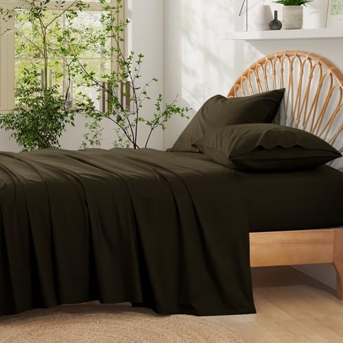 Entisn Pure Cotton Sheets Queen Size Bed Set 4 Pieces, 16 Inch Deep Pocket Solid Cotton Sheet Set with All Around Elastic for Snug Fit, All Seasons Breathable & Soft Twin Bedding, Chocolate Brown