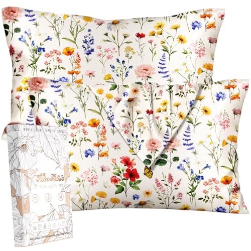Miss Adola 2 Pack Mulberry Silk Pillowcase for Hair and Skin - Standard Size 20 x 26 Inches with Hidden Zipper Beige Flower 19 Momme Soft Sleeping Silk Pillow Case for Women, Moms