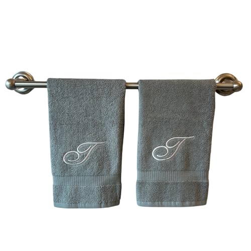 Decorvo Gray Monogrammed Hand Towels for Bathroom - Luxury Hotel Quality Personalized Initial Embroidered Towel for Powder Room, Spa - GOTS Organic Certified - Set of 2 Silver Letter T