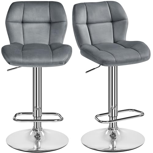Yaheetech 2PCS Velvet Adjustable Swivel Bar Stools w/Backrest, Dark Grey