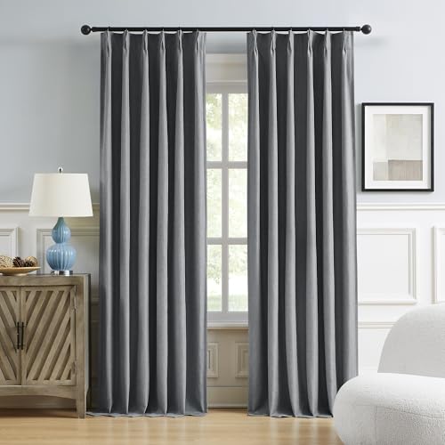 "DUALIFE Full Blackout Pinch Pleated Curtains Dark Grey, Back Tab with Hooks, Thermal Insulated Track Curtains for Bedroom Living Room,40"" Wx84 L, 2 Panels"