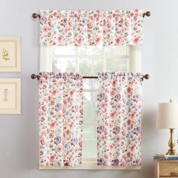 "No. 918 Dora Floral Semi-Sheer Rod Pocket Kitchen Curtain Set, 54"" x 36"", Coral"