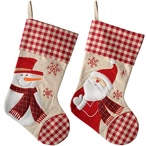 WeRChristmas Checked Christmas Stocking with Santa and Snowman, 46 cm - Red/White, Set of 2